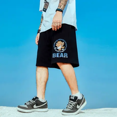 国潮中国风男裤胖子纯棉大码宽松加肥加大潮牌运动五分裤情侣短裤图片