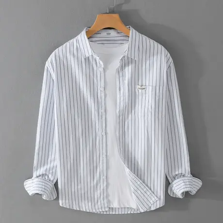 休闲衬衫男宽松春秋条纹长袖衬衣男生纯棉上衣男士2023新款外套潮图片