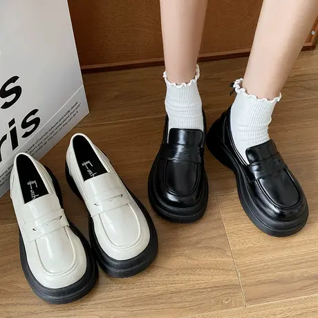 浅口单鞋女2023年秋季新款一脚蹬百搭学院风圆头小皮鞋厚底乐福鞋商品大图