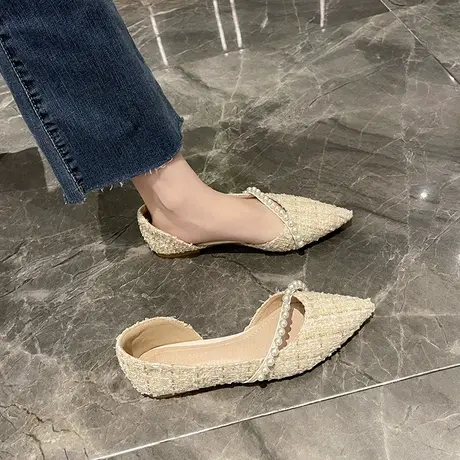 永希尖头珍珠单鞋女春夏2023年新款仙女风玛丽珍一脚蹬平底休闲鞋商品大图