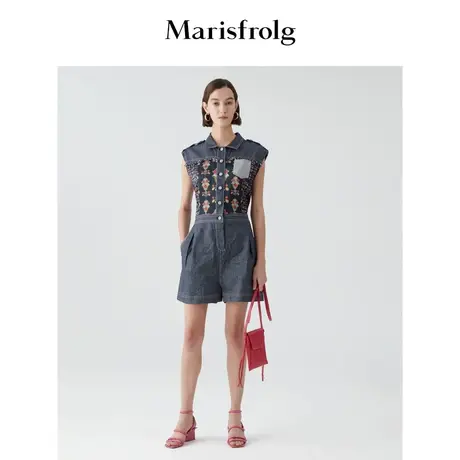 Marisfrolg玛丝菲尔亚麻2021年夏季新款气质无袖牛仔连体短裤女图片