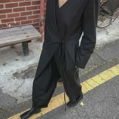 早秋新款连身简约韩版休闲裤韩版宽松大码腰间不规则系带时尚长裤商品大图