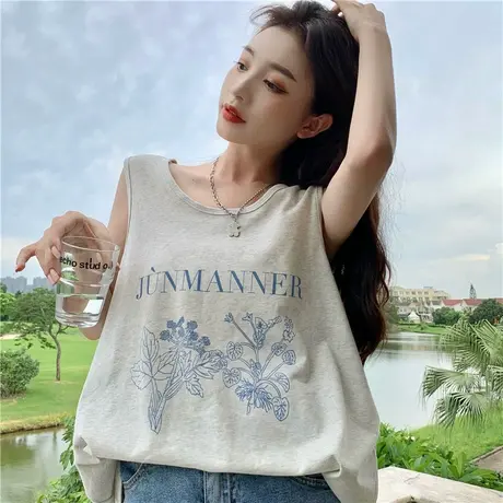 纯棉港风吊带运动坎肩背心无袖t恤女夏季设计感小众外穿宽松上衣图片