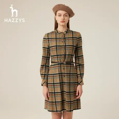 【商场同款】Hazzys哈吉斯格纹羊毛衬衫连衣裙女士秋冬季新款裙子图片
