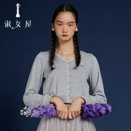 淑女屋官方旗舰店2022新款玫瑰花系列无领针织小外套女上衣图片