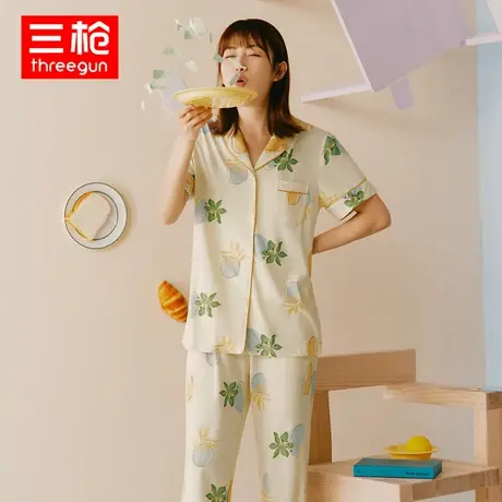 三枪家居服女纯棉2023春夏水柔棉翻领开襟短袖长裤宽松透气睡衣套商品大图