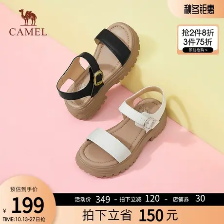 骆驼女鞋2023夏季新款平底一字带真皮凉鞋女休闲低跟魔术贴凉鞋女图片