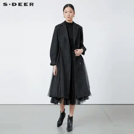 sdeer圣迪奥女装西装领肌理收腰网纱毛呢大衣S223Z1862图片