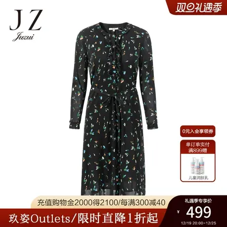 JZ玖姿2022年春季长裙花黑简约V领长袖连衣裙图片