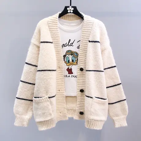 复古条纹软糯毛衣外套女秋冬2023新款宽松慵懒风单排扣针织开衫商品大图