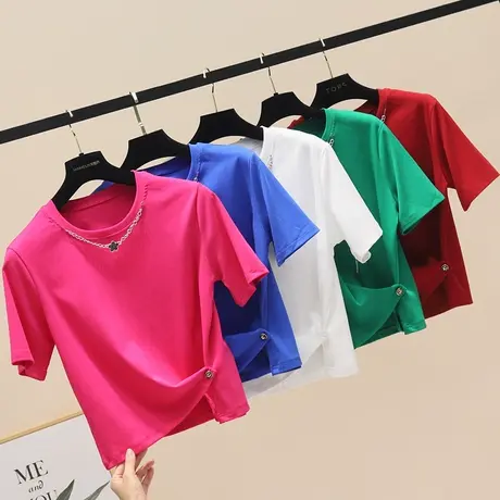 2023夏季新款圆领链条不规则下摆纽扣设计感百搭短袖T恤女打底衫商品大图
