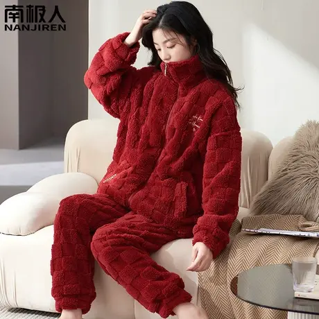 珊瑚绒睡衣冬季女款加绒加厚女士冬天红色本命年方格子家居服冬款图片