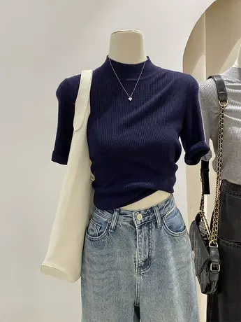 好看半高领针织衫女初秋半袖修身显瘦薄款气质打底衫软糯短袖上衣商品大图