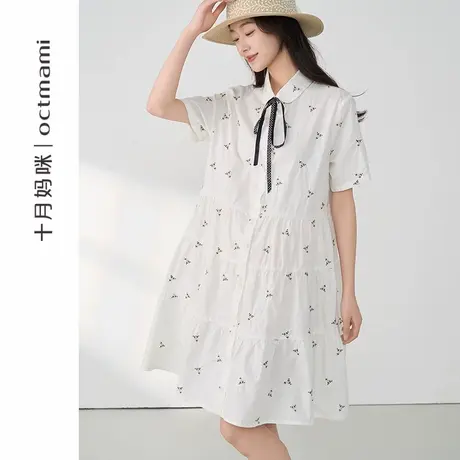 十月妈咪孕妇翻领绣花连衣裙2025新款夏季薄款外穿宽松短袖夏装商品大图