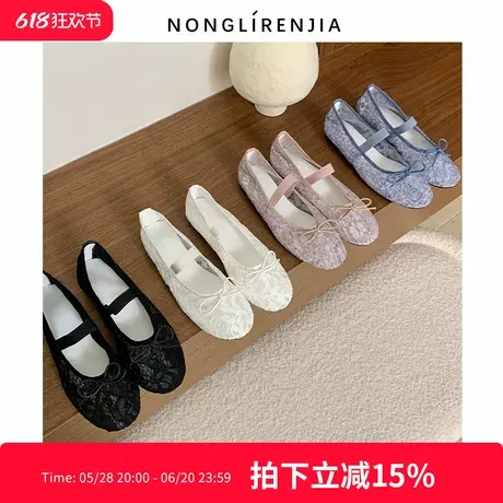 弄里人佳大码女鞋41-43单鞋春新款蕾丝蝴蝶结玛丽珍鞋40 42宽脚胖商品大图