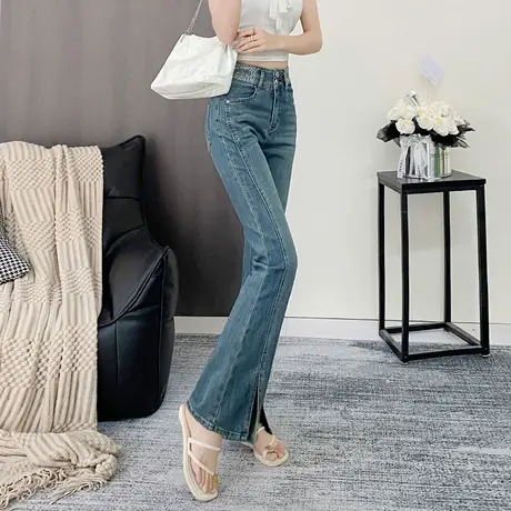 弹性水洗牛仔裤女2025新款裤子春夏浅蓝开叉微喇裤显瘦马蹄喇叭裤商品大图