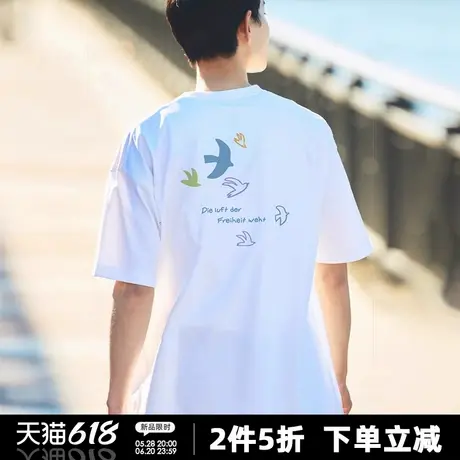 日系短袖t恤男女同款2025新款自由飞鸟简约印花宽松休闲套头上衣商品大图