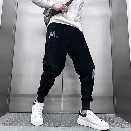 秋冬季新款雪尼尔休闲裤潮流字母印花束脚哈伦裤小众潮男百搭卫裤图片