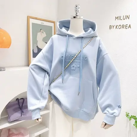 2023春款韩国东大门连帽上衣ins花朵字母长袖卫衣外套宽松奶油蓝图片