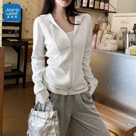 GL真维斯短外套女2025新款春季韩系高级拉链显瘦修身连帽卫衣开衫图片