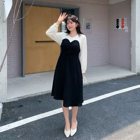 2023秋季新款法式拼接假两件抽绳绑带显瘦大码胖MM连衣裙中长款商品大图