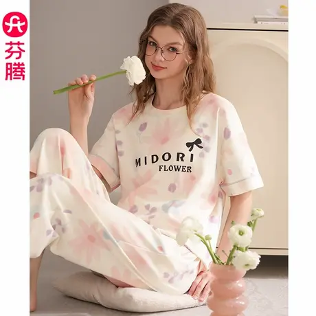 芬腾睡衣女夏宽松纯棉七分裤少女套装甜美可爱短袖全棉薄款家居服商品大图