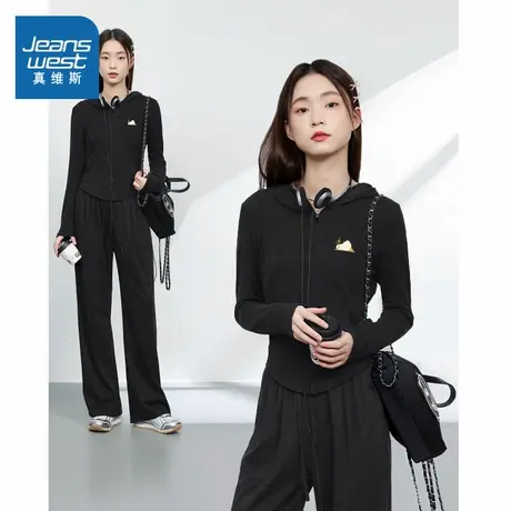 JR真维斯连帽外套女秋季爆款黑色修身显瘦休闲百搭开衫图片