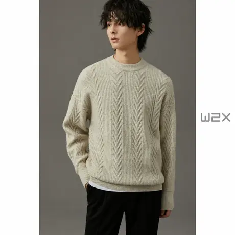 w2x冬季重磅加厚麻花纹圆领羊毛衫男2022新款时尚百搭休闲毛衣潮图片