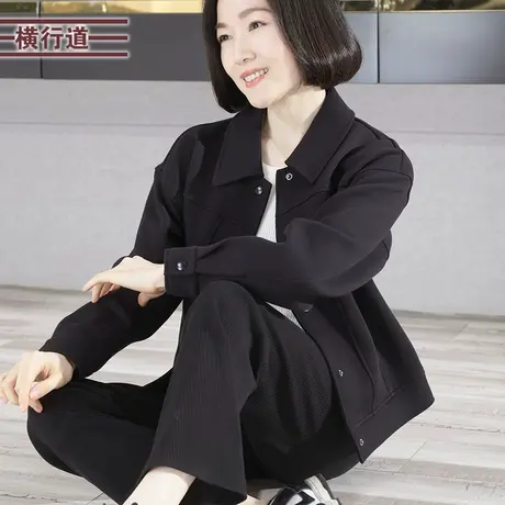 2023新款冬装纯色翻领宽松长袖外套女装韩版大码妈妈夹克开衫上衣商品大图