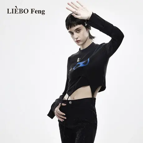 裂帛LIEBOFeng2023年春夏新款Y2K千禧辣妹小个子短款黑色T恤上衣图片