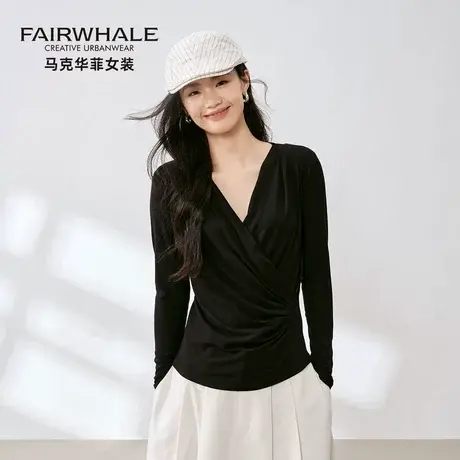 马克华菲蚕丝长袖T恤女2025新款V领收腰显瘦设计感打底衫气质上衣商品大图