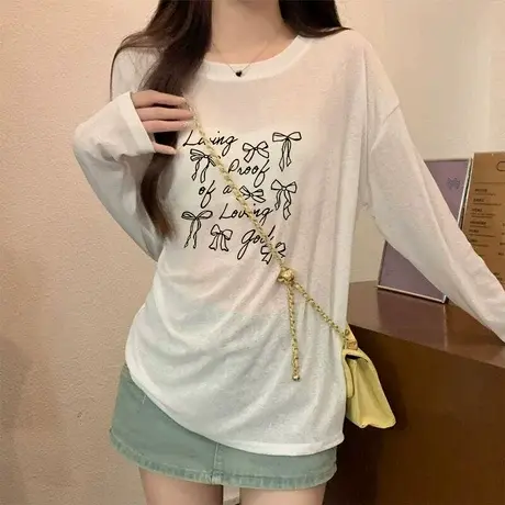 夏季宽松圆领天丝防晒衣女套头冰丝罩衫白色长袖t恤薄内搭空调衫图片