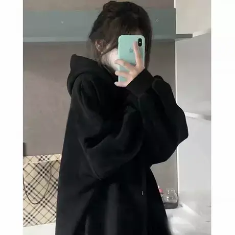 黑色情侣装2024新款秋连帽卫衣女美式oversize小众韩系慵懒风上衣商品大图