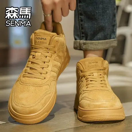 森马高帮男鞋秋季百搭小麦色休闲板鞋运动厚底增高中帮真皮潮鞋子图片