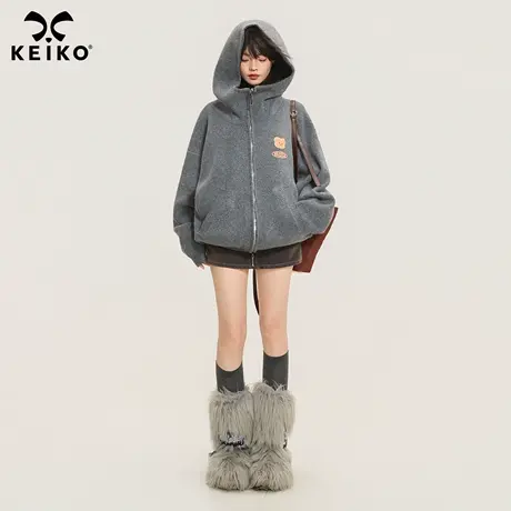 KEIKO 灰色拉链立领连帽针织毛衣外套女25秋季慵懒风休闲卫衣开衫商品大图