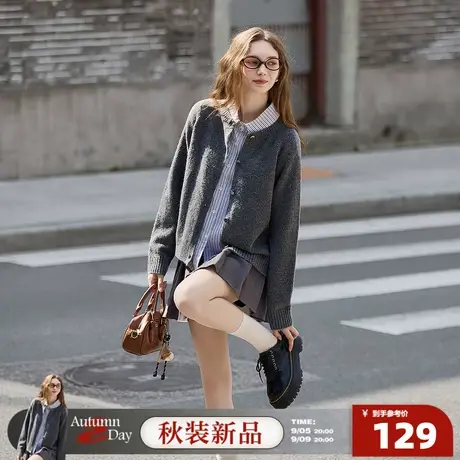 唐狮2025秋冬季韩风毛衣外套女纯色圆领毛线衫开衫深灰休闲宽松图片