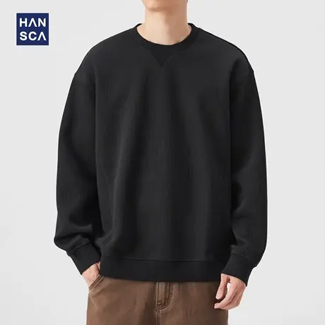 hansca340g重磅V-stitch圆领纯色卫衣男2025秋季新款宽松黑色上衣商品大图
