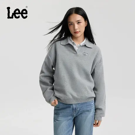 Lee25秋冬新品舒适版翻领套头肌理感针织小刺绣Logo灰色女毛衣潮图片