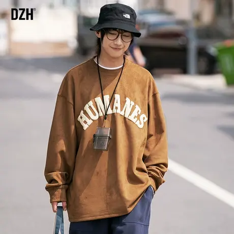 男士咖色鹿皮绒立体发泡字母印花卫衣男潮牌春秋宽松无帽套头衣服商品大图
