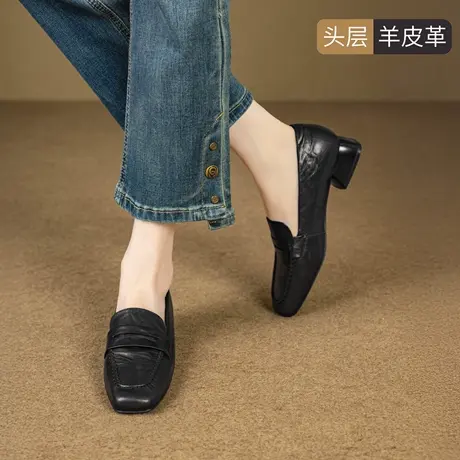 ZHR羊皮乐福鞋女2025新款秋粗跟英伦风小皮鞋黑色一脚蹬妈妈单鞋商品大图