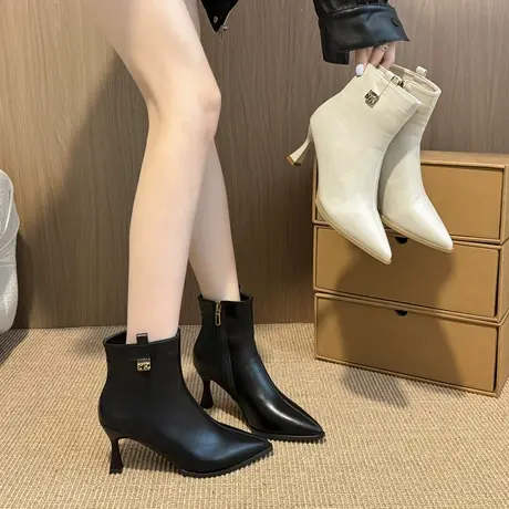 气质尖头细跟短靴女2025年秋季新款英伦风百搭瘦瘦靴时尚高跟女靴商品大图