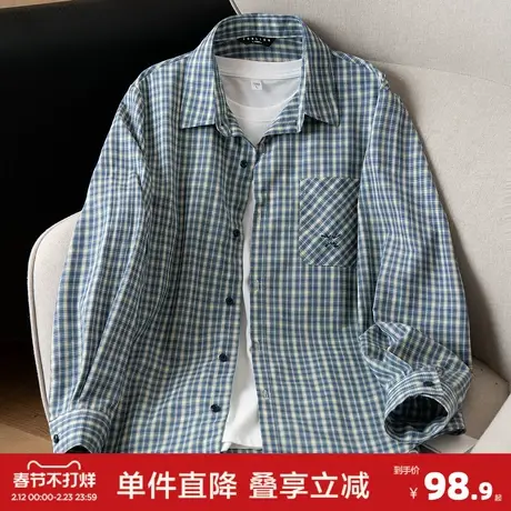唐狮春秋季新款长袖格子衬衫男复古日系痞帅格纹休闲男士衬衣外套图片
