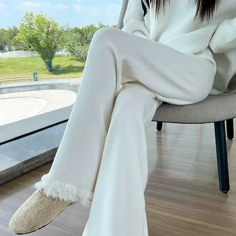 白色休闲针织阔脚裤女秋冬新款高腰宽松加厚直筒裤毛边拖地微喇裤图片