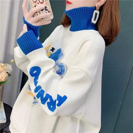 2022新款秋冬加绒加厚设计感小个子假两件高领卫衣女百搭宽松上衣商品大图
