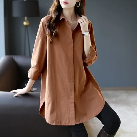 宝诗黎宽松长袖衬衫女中长款复古上衣2023棉质秋季休闲衬衣新款商品大图