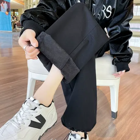 黑色工装裤女秋冬新款高腰抽绳束脚登山裤加绒加厚阔腿美式运动裤商品大图