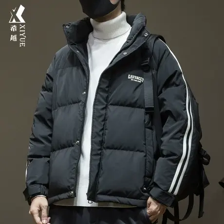 希越新国标鸭绒男士羽绒服无帽立领宽松大码冬季美式潮流百搭外套商品大图