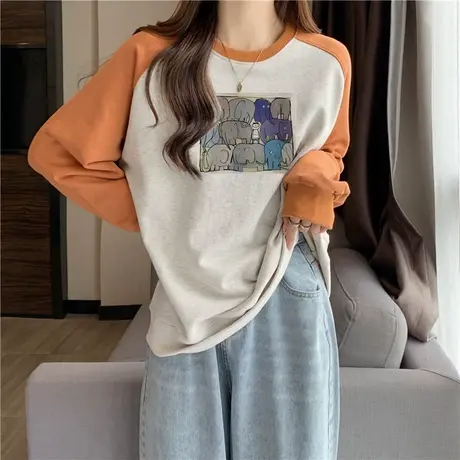 加绒加厚圆领插肩袖卫衣女春秋冬季宽松撞色无帽上衣外套2023爆款图片