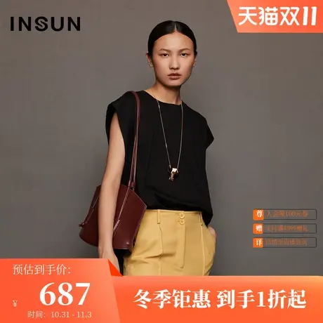 恩裳春秋季设计师联名款都市摩登黑色纯棉圆领无袖T恤上衣图片