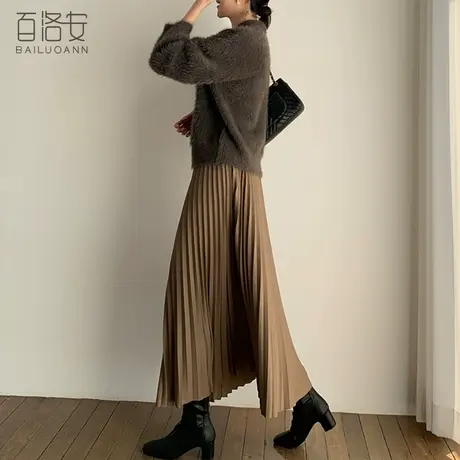 百洛安时尚松紧高腰半身裙女百褶裙秋冬新款百搭垂坠感a字长裙子图片